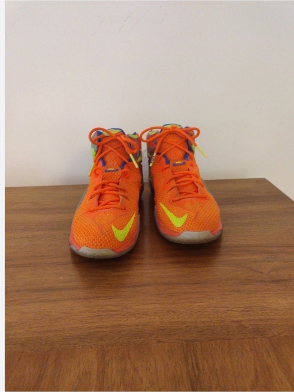 LeBron James Nike Orange Sneakers with Yellow Swoosh and Blue Lining